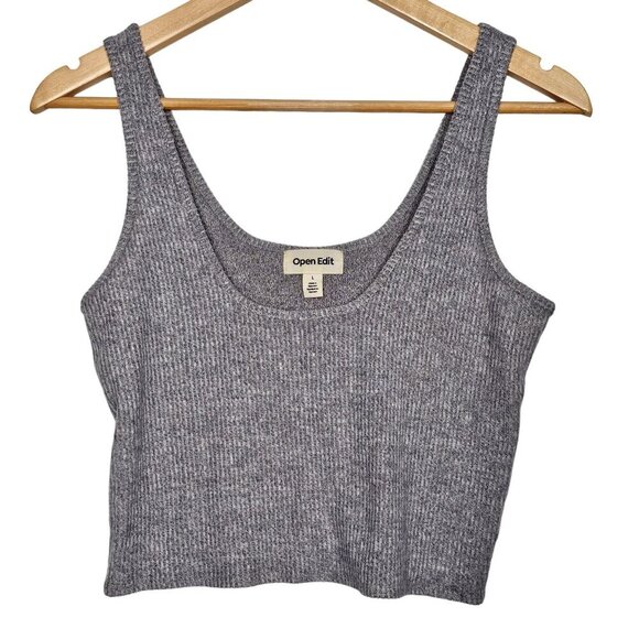 Open Edit U-Neck Ribbed Crop Top Stretchy Knitted Sleeveless Gray Women Large - Picture 1 of 6
